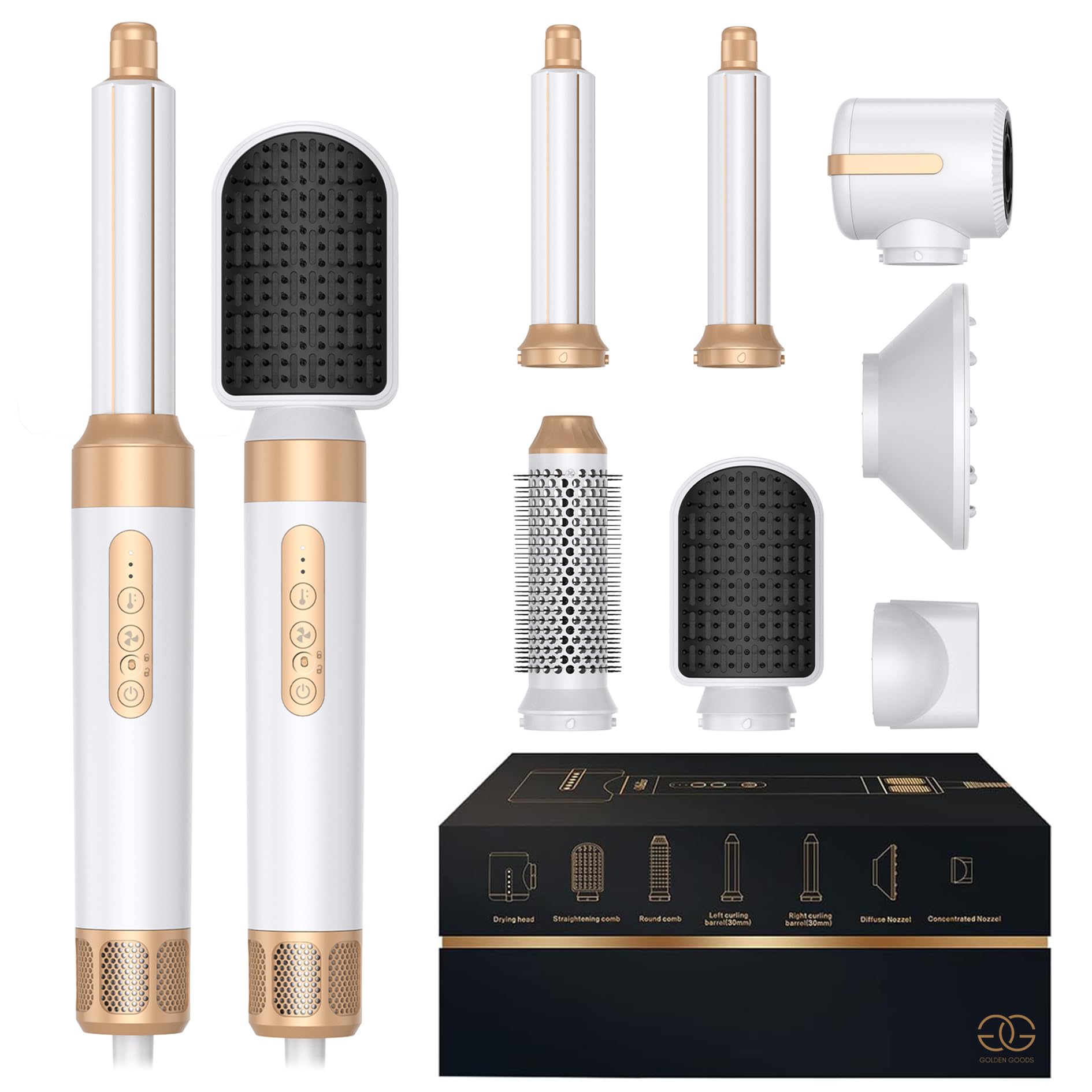Brosse Soufflante Golden Goods Airstyler 7-en-1 Sèche-cheveux Brosse Coiffante Chauffante White/Gold Edition